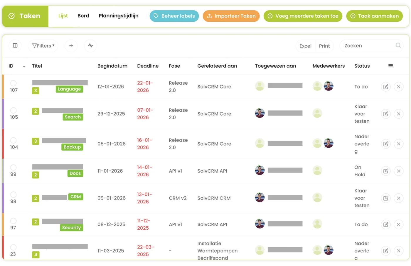SolvCRM+ planning en projecttaken